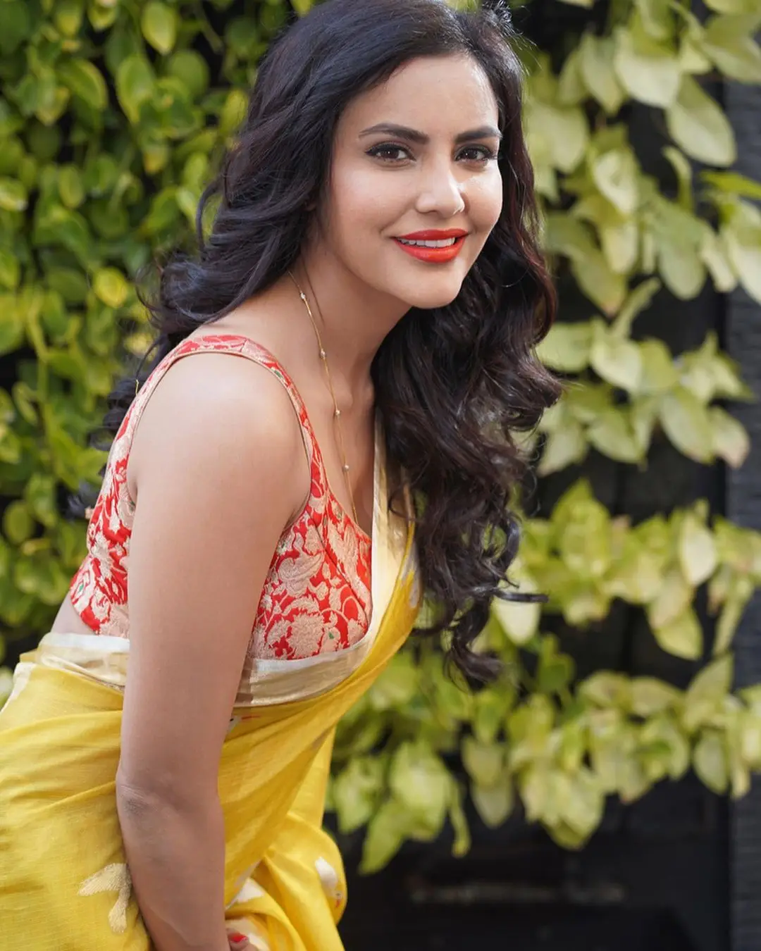 Actress Priya Anand Images in Yellow Color Saree Red Sleeveless Blouse